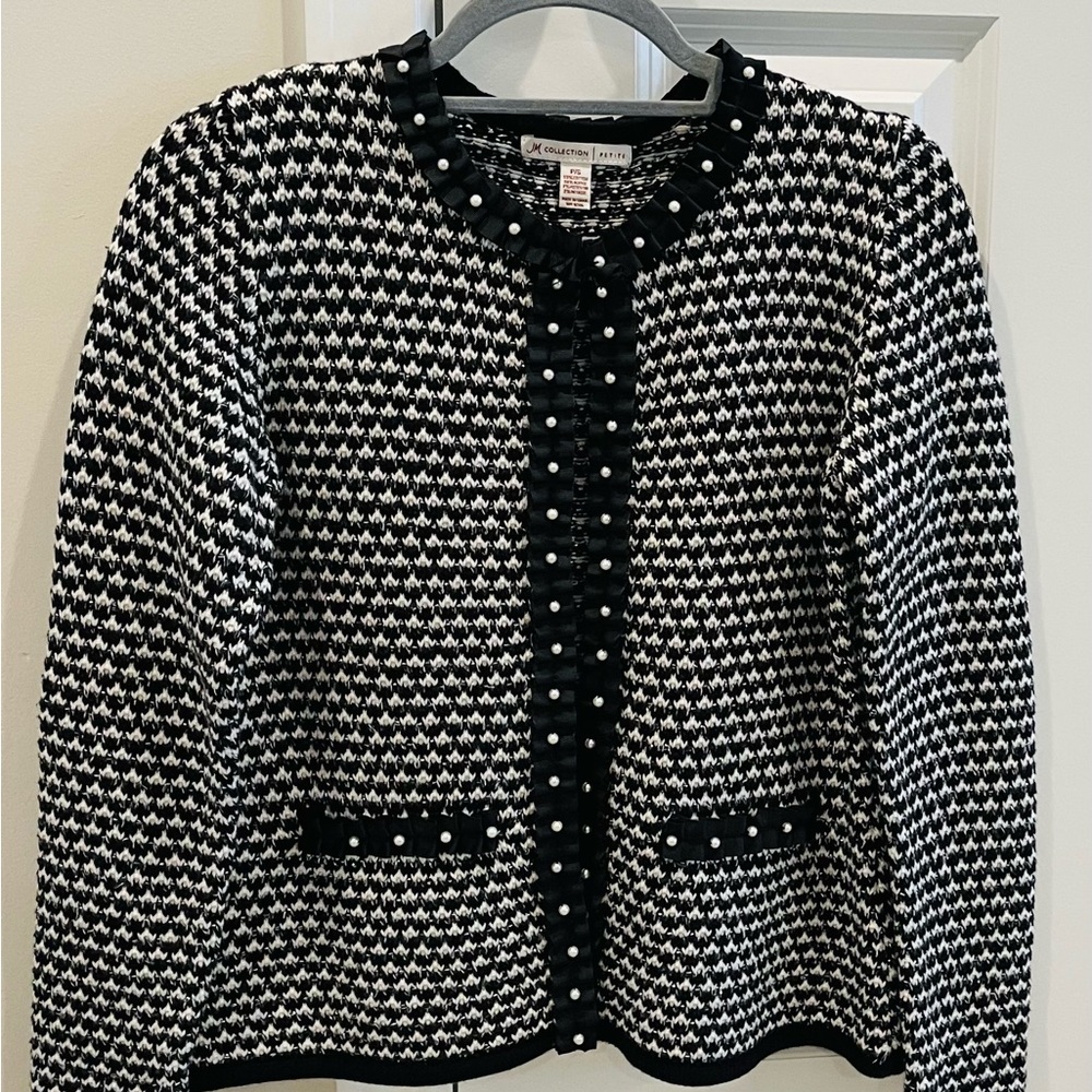 JM Collection Black and White Cardigan with Pearl Accents